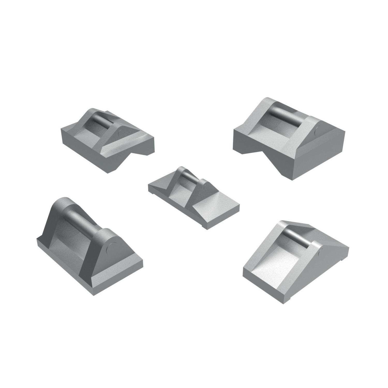 five slightly different types of monobloc clamping pads in silver colou